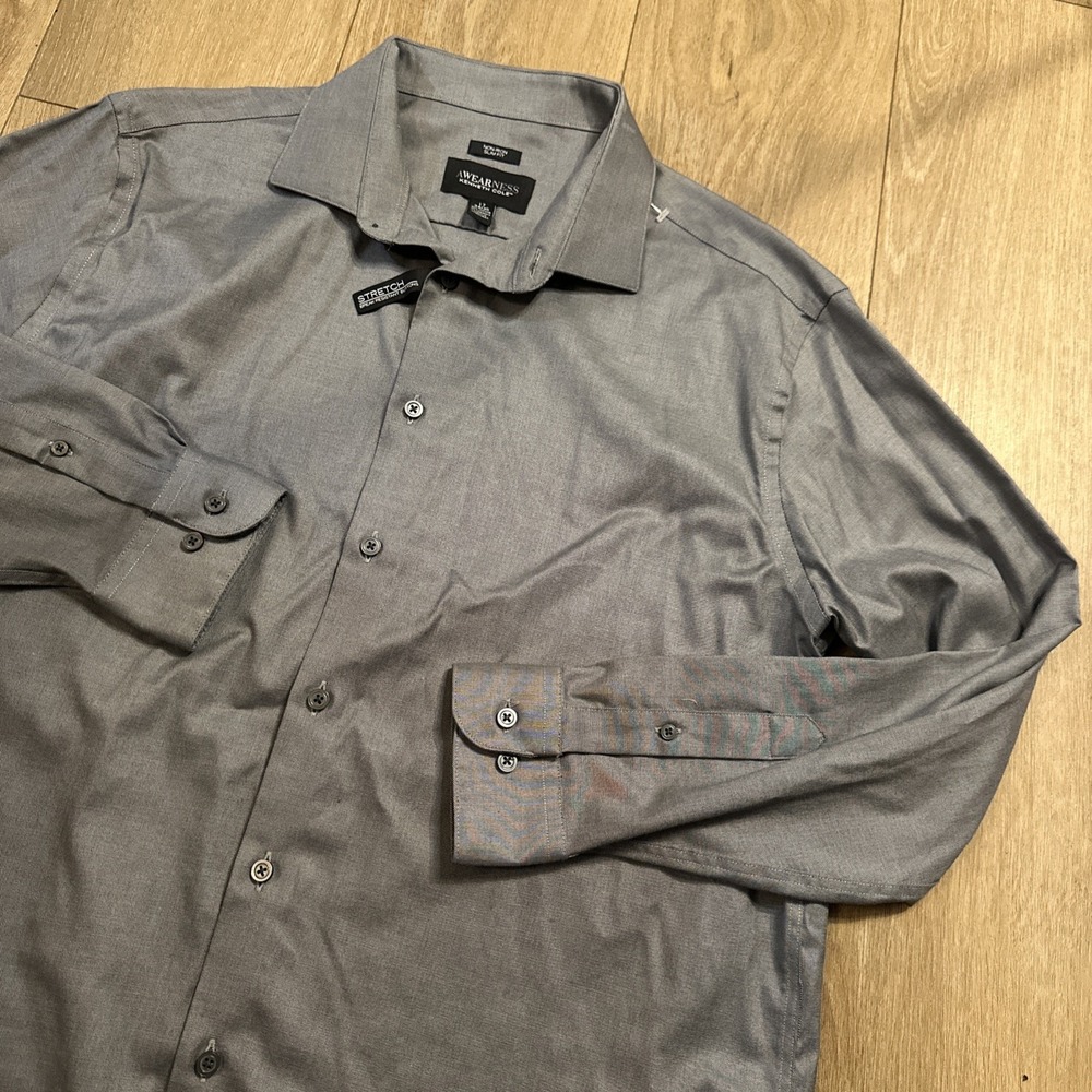 Kenneth Cole Awareness Men's‎ Slim Fit LS Button Shirt No Iron Gray 17, 34/35